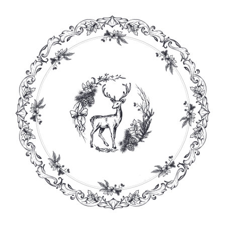 Vector pre-made Christmas greeting card with deer and winter plants, in vintage style.のイラスト素材