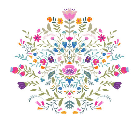 Vector beautiful composition with ornate flowers, plants. Folk art floral poster.のイラスト素材