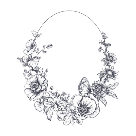 Vector frame of meadow wildflowers, herbs, plants. Different flowers in beautiful design for wedding invitation, greeting card. Vintage style.のイラスト素材