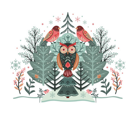 Vector Christmas composition with hand drawn holiday elements, winter forest trees, owl, flowers, snowflakes. Scandinavian folk ornamentのイラスト素材