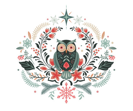 Vector Christmas composition with hand drawn holiday elements, winter branches, owl, flowers, snowflakes. Scandinavian folk ornamentのイラスト素材