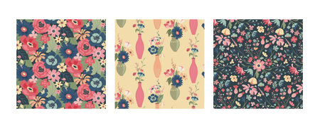 Set of three vector floral  patterns. A colorful endless pattern of flowers and plants. A Romantic...