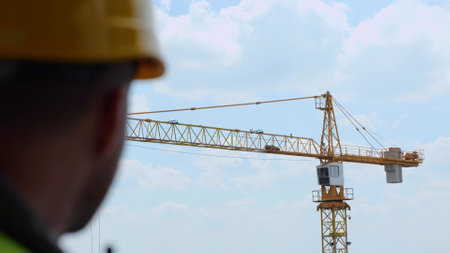 Big construction crane working at construction site outdoor on blue sky background. Huge professional industrial tower crane works at building site in city. Building industryの写真素材