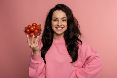 Smiling cute young dark-haired woman posing for the camera on the pink background with her favorite vegetables. Healthy eating conceptの写真素材