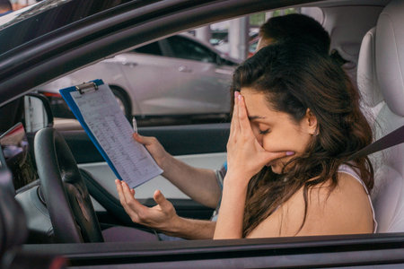 Tired young woman sitting in car covering face in hands, instructor sitting on the passenger seat and holding test report. Driving test, driver courses, exam conceptの写真素材