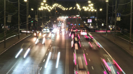 Kyiv, Ukraine - Timelapse. Night illuminated Kyiv city center, busy traffic street. City life...