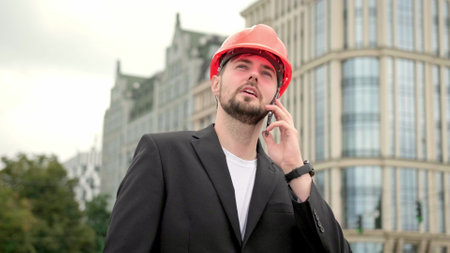 Work process on construction site, man portraitの写真素材