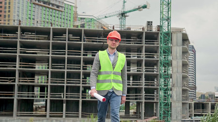 Portrait of professional man walking outside on site