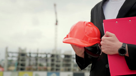Concept of builder, work at construction site
