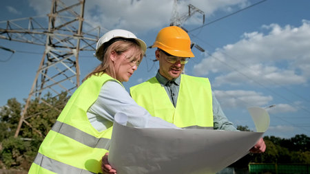 Energy auditors consulting blueprints during electricity pylon inspection