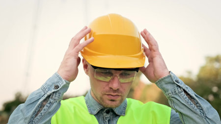Weary builder removing his protective helmet after work on siteの写真素材