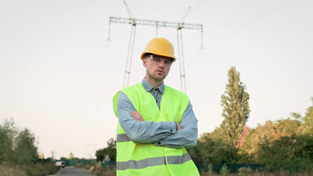 Serious power line inspector posing for camera against transmission tower