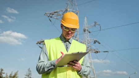 Energy auditor writing something during audit of electrical transmission towersの写真素材
