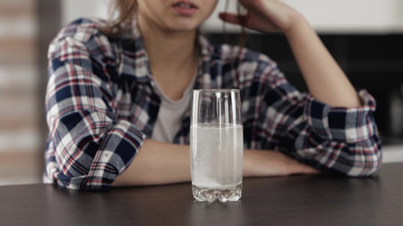 Young woman in kitchen during quarantine. Close up and cut view motion of glass with water and effervescent tablet in it. Girl waits for medicine. Headache or hangover.の写真素材