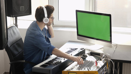 Young man in sound recording studio. Cheerful positive soundman using mixing console and listening music through headphones. Green digital screen.の写真素材