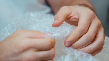 Young couple move into new apartment. Close up and cut view of mans hands playing with bubble wrap. Relaxing.の写真素材