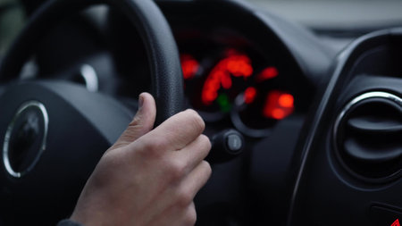 Close-up on the dashboard of a car. Hands are on the steering wheel. Road and driver concept. Blurred background.の写真素材