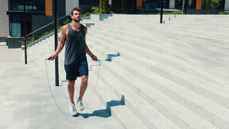 Young man exercising outside. Handsome strong powerful guy jumping with using jumping-rope and listening to music through white earphones. Training exercising outside. Fitness activity.の写真素材