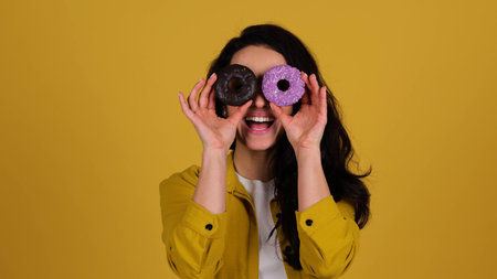 Happy woman covering eyes with delicious glazed doughnuts against yellow background. Lady having...
