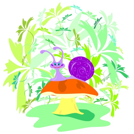 Illustration of a snail which sits on a mushroom in the grassのイラスト素材