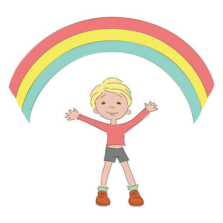 Happy boy with rainbow. Hand drawn illustrationのイラスト素材
