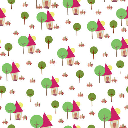 Seamless wallpaper pattern. Cute house with treeのイラスト素材
