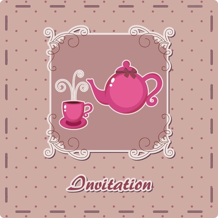 Purple dotted invitation with teapot and cupのイラスト素材