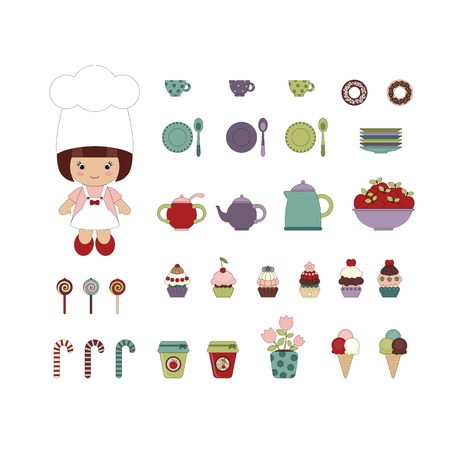Cute dessert set with little girl chefのイラスト素材