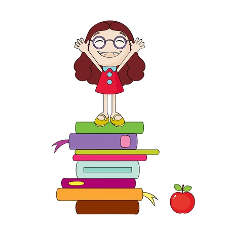 Little cheerful girl standing on the booksのイラスト素材