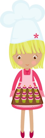 Little chef girl with hot fresh muffinsのイラスト素材