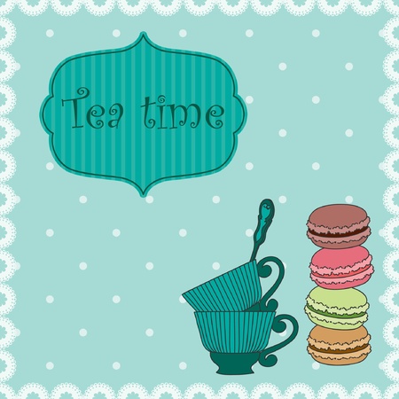Tea time  Retro background with cups and macaroonsのイラスト素材