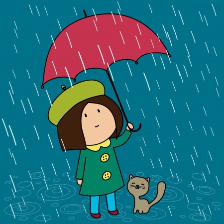 Little girl with her cat under the umbrella in a rainy dayのイラスト素材