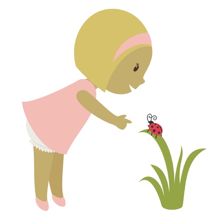 Blond little girl looking on a ladybug. Vector cartoon illustrationのイラスト素材