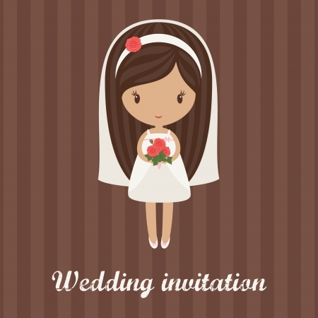 Romantic cartoon bride holding bouquet of roses on a striped background  Wedding invitationのイラスト素材
