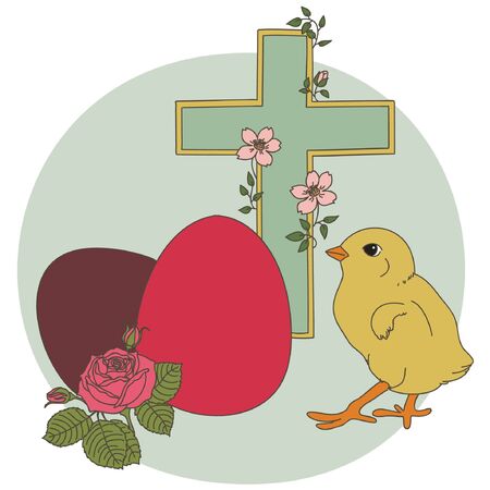 Easter vintage illustration  Floral cross, chicken and colorful eggsのイラスト素材