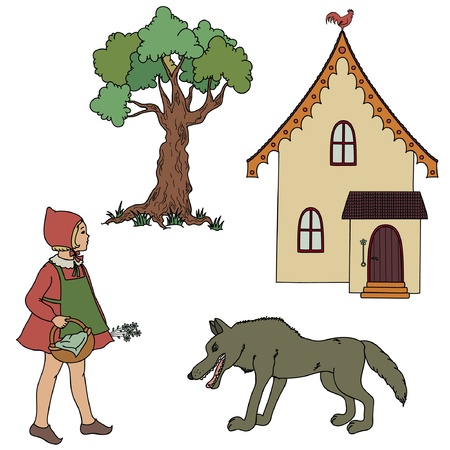 Vintage Little Red Riding Hood, grandmother's house, a wolf and a tree のイラスト素材