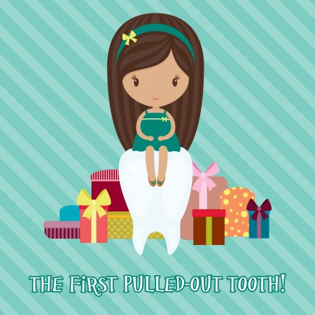 Little girl with a lot of gifts for the first pulled-out toothのイラスト素材