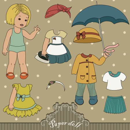Vintage paper doll and her outfitsのイラスト素材