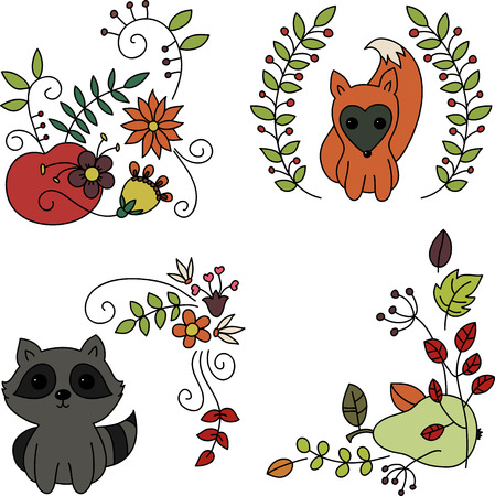 Hand drawn doodles. Baby animals and fruitsのイラスト素材