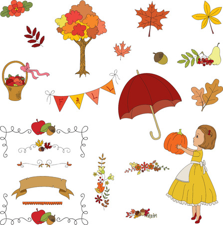 Autumn garden hand drawn clip-art. Borders, flowers, leaves, girl, umbrella, basket, banner.のイラスト素材