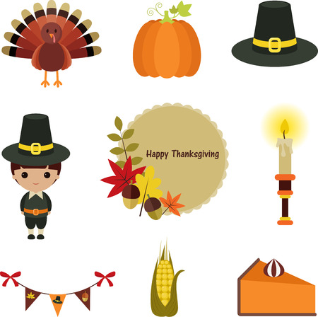 Thanksgiving clip-art set. Nine cartoon icons, isolated on white background. のイラスト素材