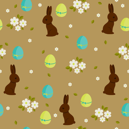 Chocolate bunnies and colorful eggs floral seamless patternのイラスト素材