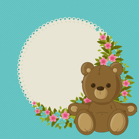 Beautiful blue floral blank card with teddy bearのイラスト素材