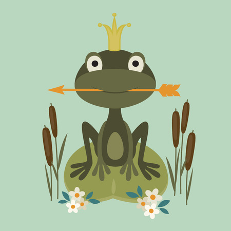 Illustration of a smiling princess frog sitting in the lake and holding an arrowのイラスト素材