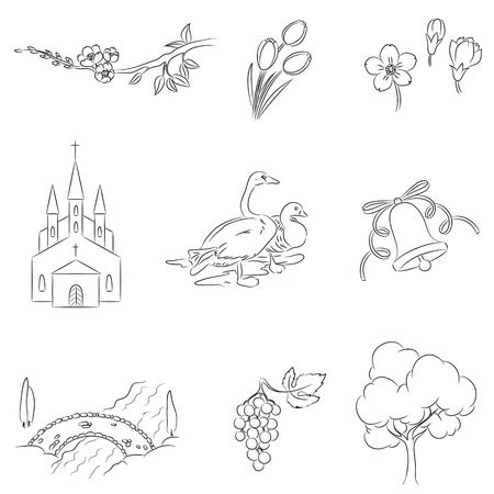 Village icons set. Hand drawn isolated over white.のイラスト素材