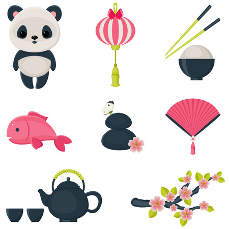 Cute oriental culture icons set. Isolated over white vector illustrations. のイラスト素材