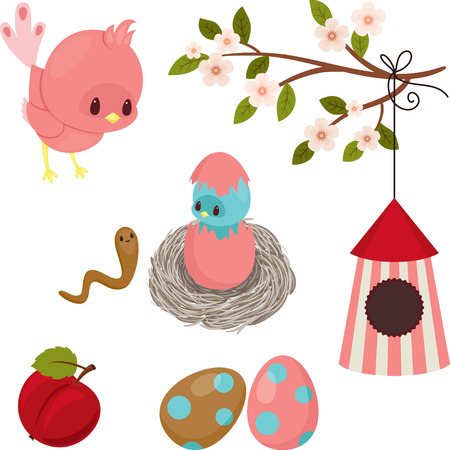 Bird's life. Cute cartoon icons over whiteのイラスト素材