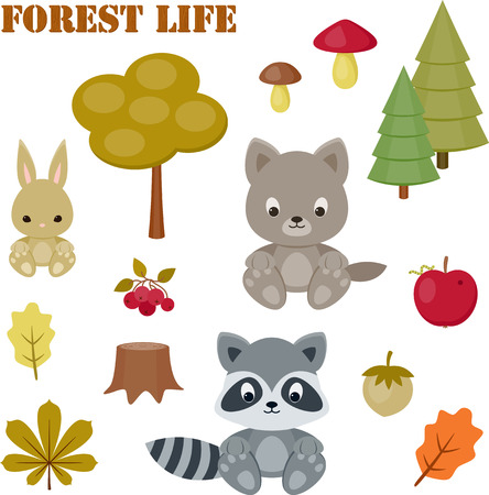 Forest life icons set. Baby animals, trees, mushrooms, leaves, berries. Isolated over whiteのイラスト素材
