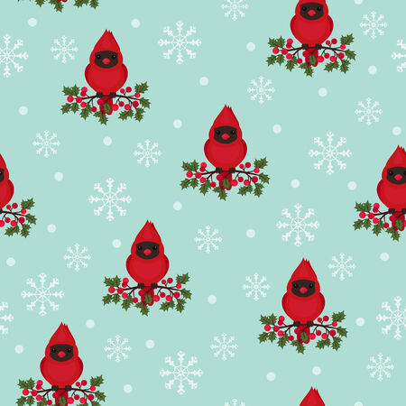 Seamless wallpaper cardinal bird on a holly berry branchのイラスト素材