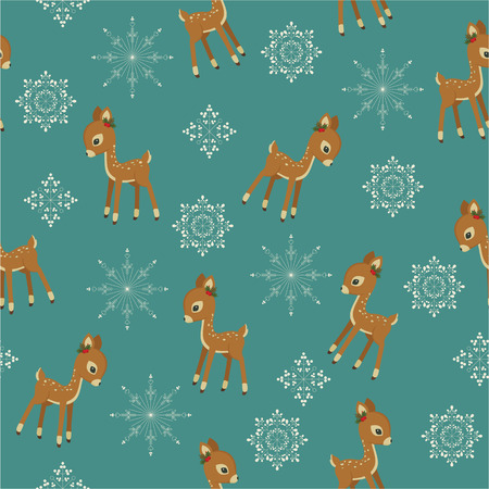 Winter retro seamless with baby deer and snowflakesのイラスト素材
